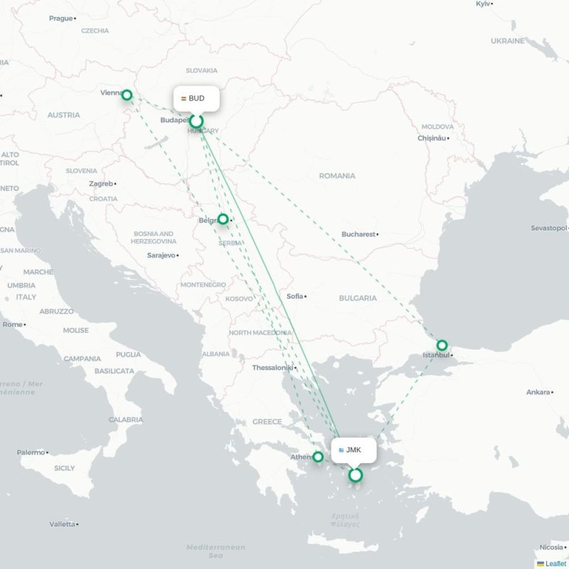 BUD - JMK route map