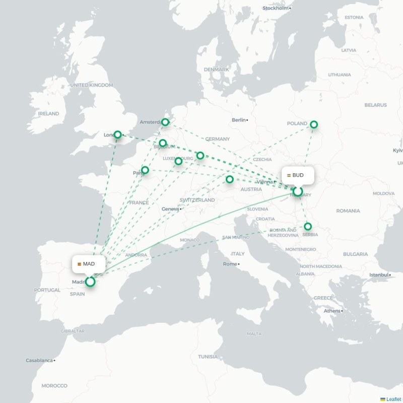 BUD - MAD route map