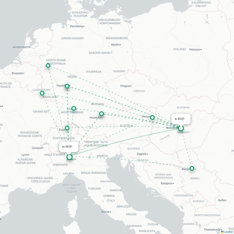 BUD - MXP route map