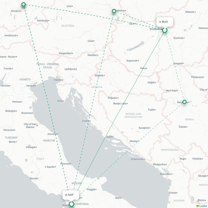 BUD - NAP route map