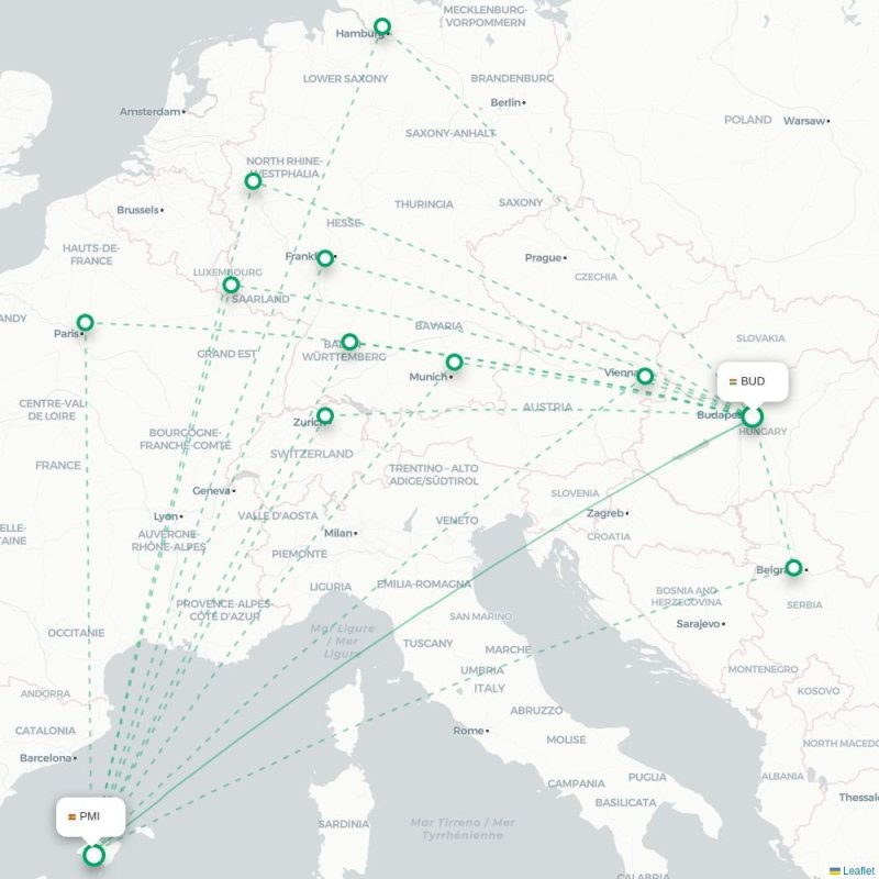 BUD - PMI route map
