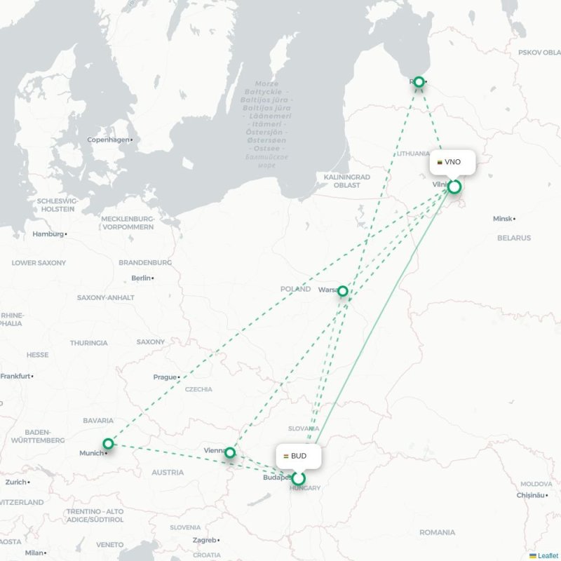 BUD - VNO route map