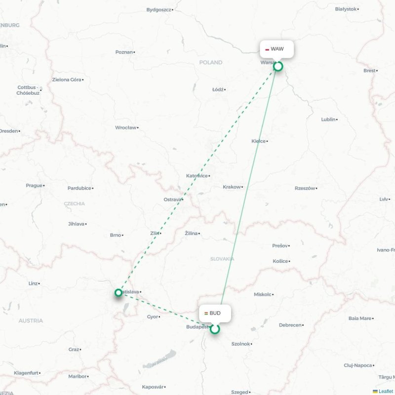 BUD - WAW route map