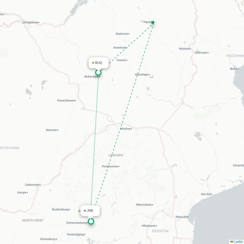 BUQ - JNB route map