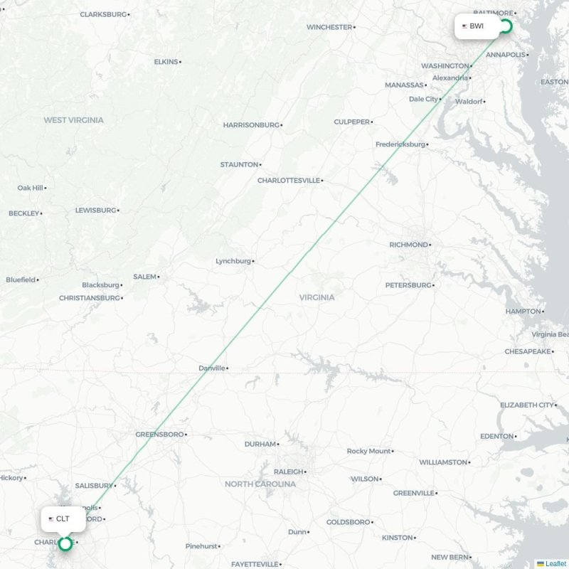 BWI - CLT route map