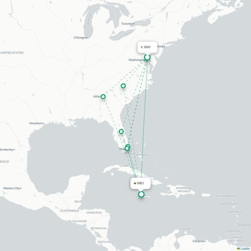 BWI - MBJ route map