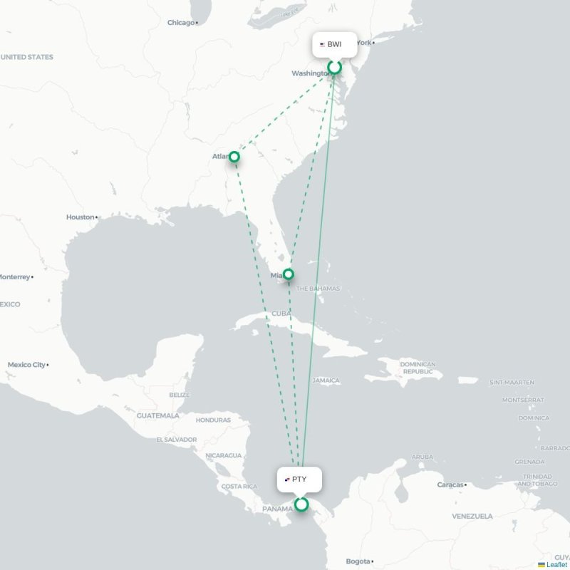 BWI - PTY route map