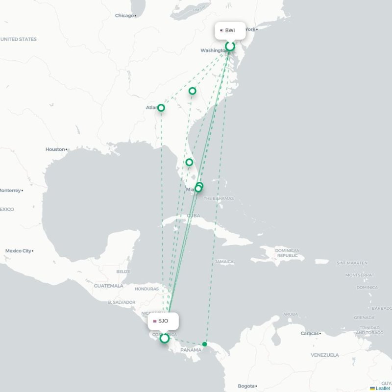 BWI - SJO route map