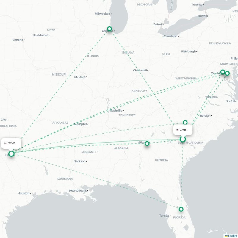 CAE - DFW route map