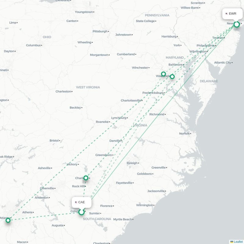 CAE - EWR route map