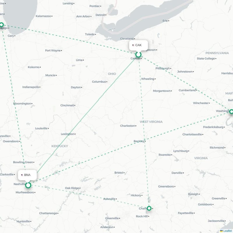CAK - BNA route map
