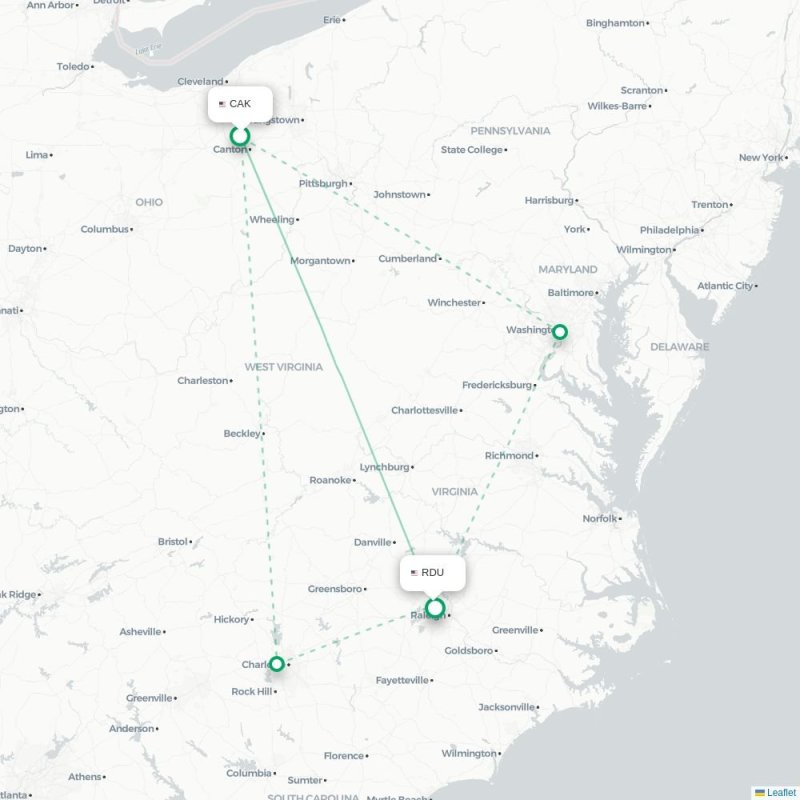 CAK - RDU route map