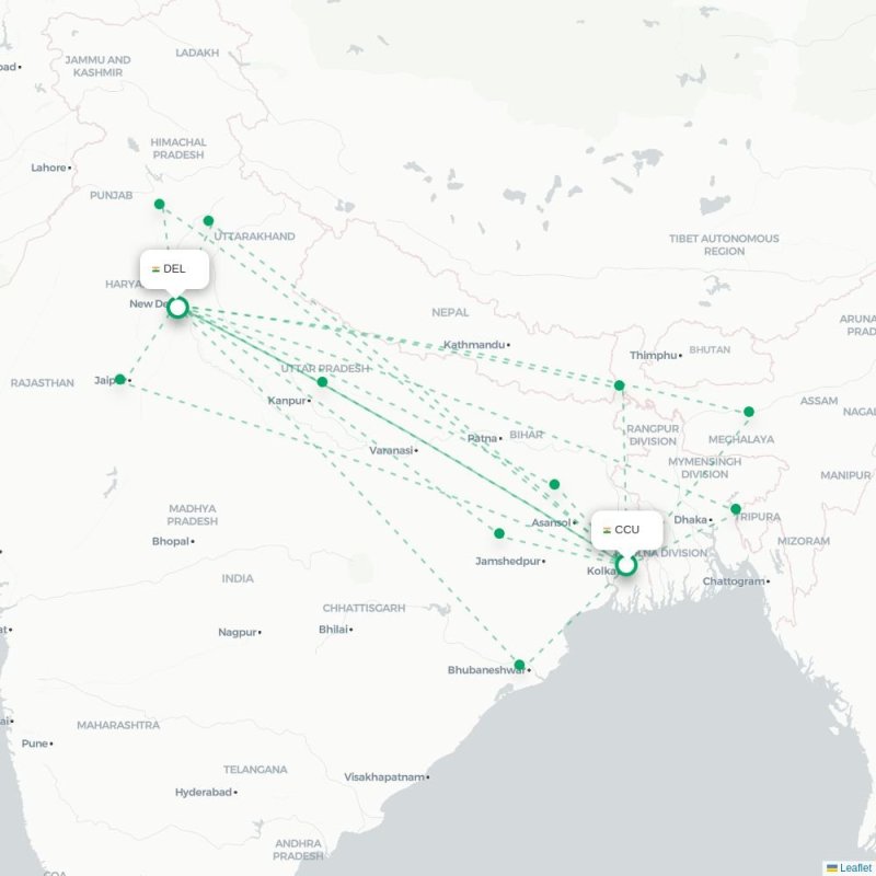 CCU - DEL route map