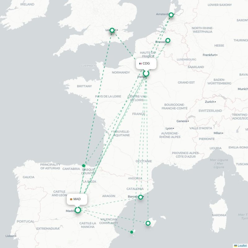 CDG - MAD route map