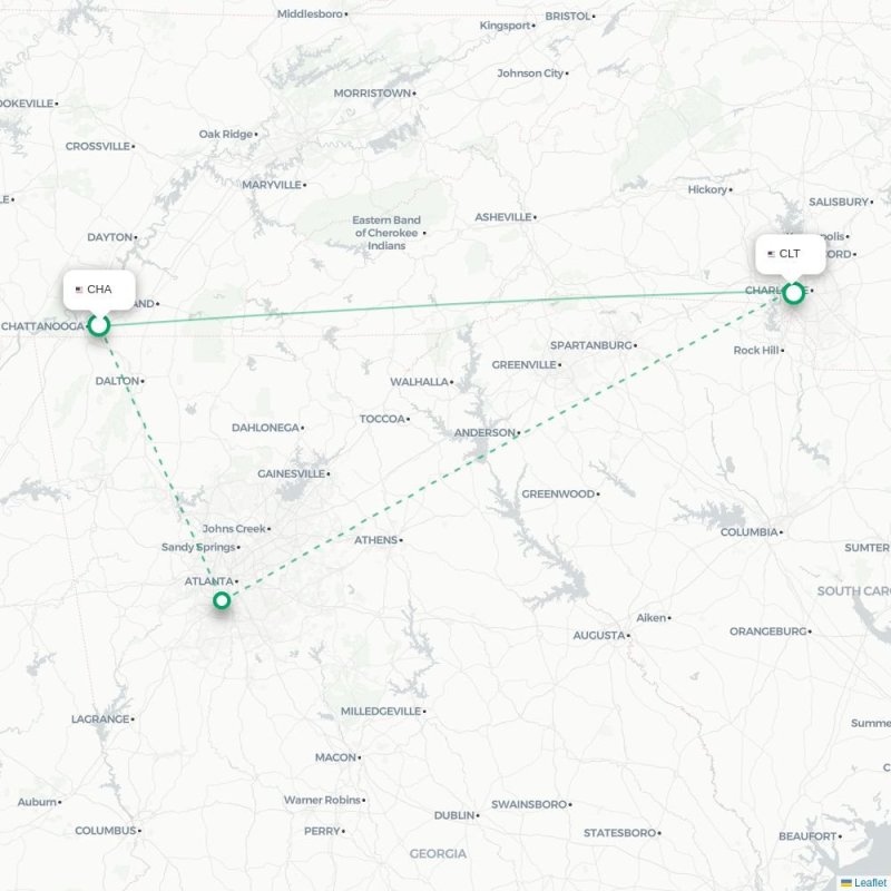 CHA - CLT route map