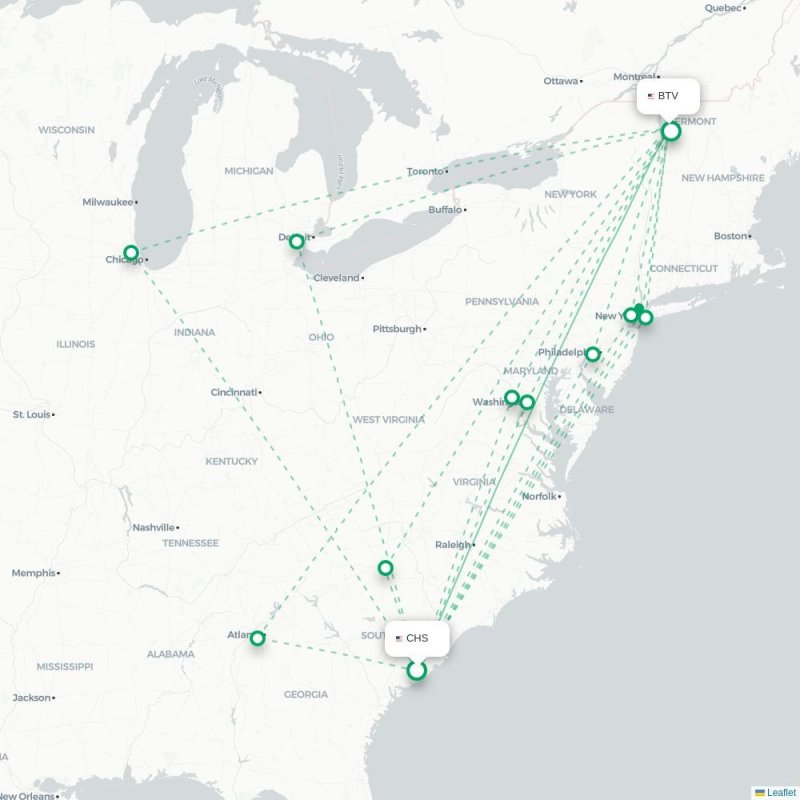 CHS - BTV route map
