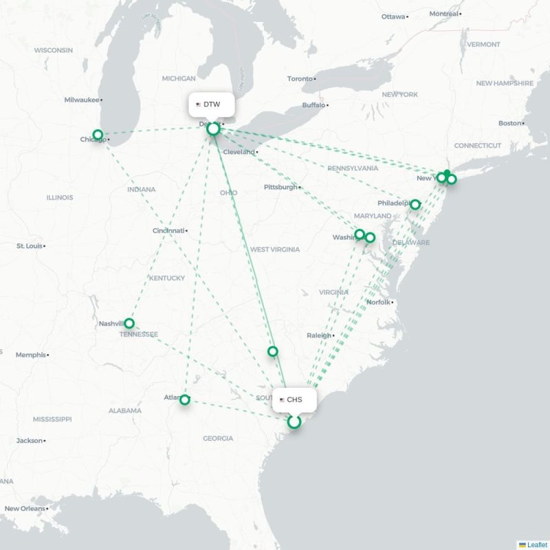 CHS - DTW route map