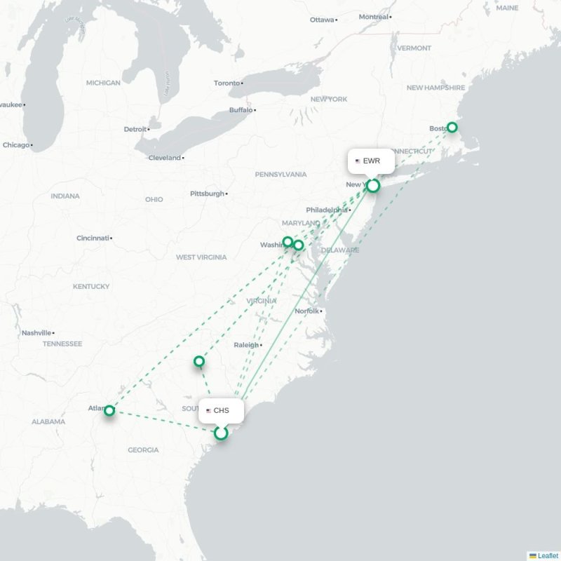 CHS - EWR route map