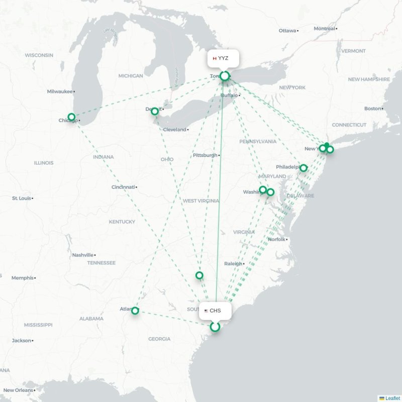 CHS - YYZ route map
