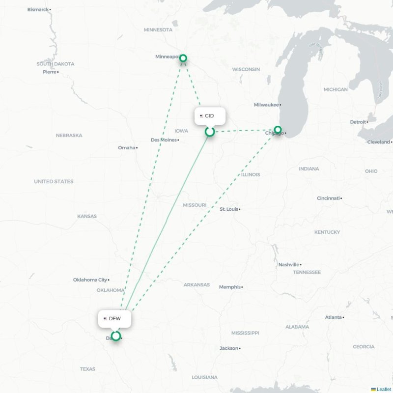 CID - DFW route map