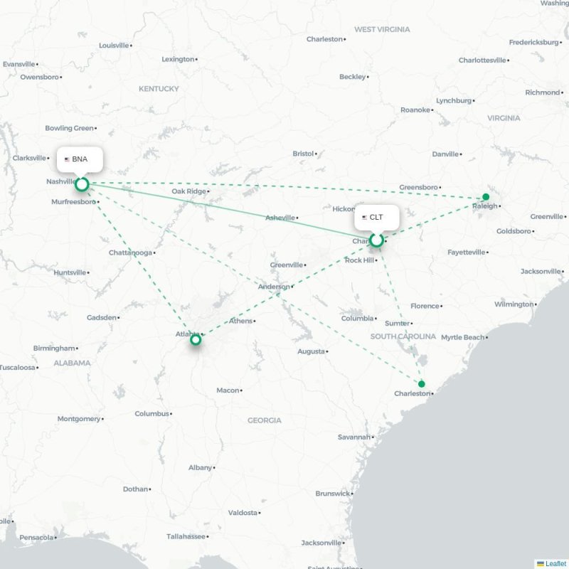CLT - BNA route map