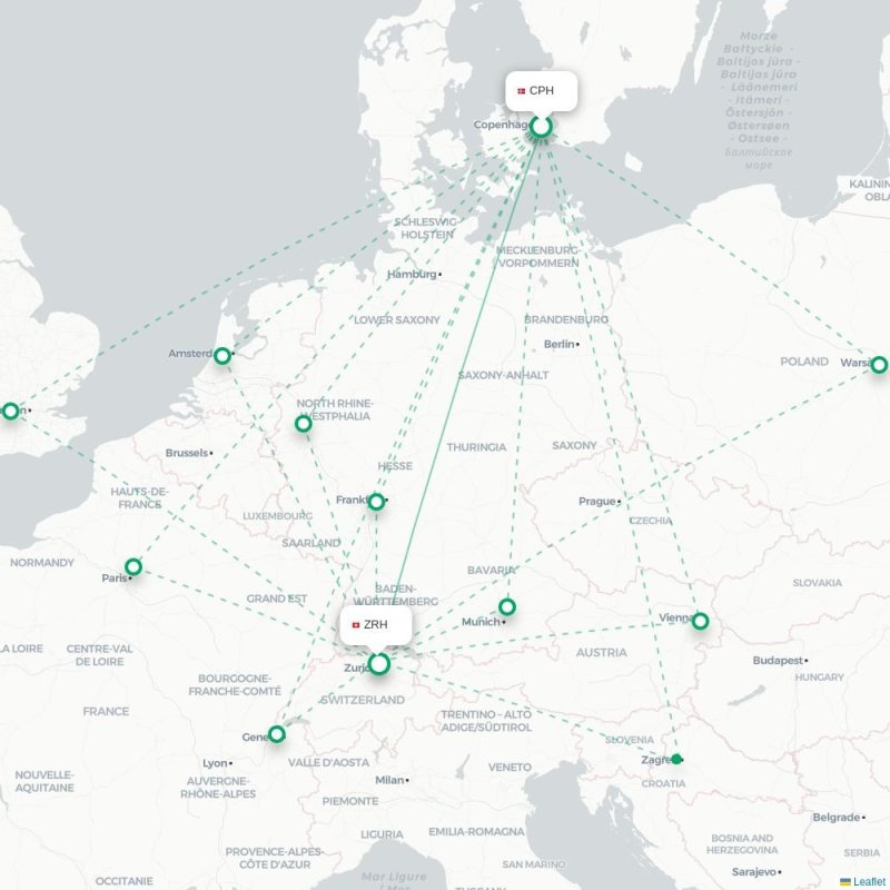 CPH - ZRH route map