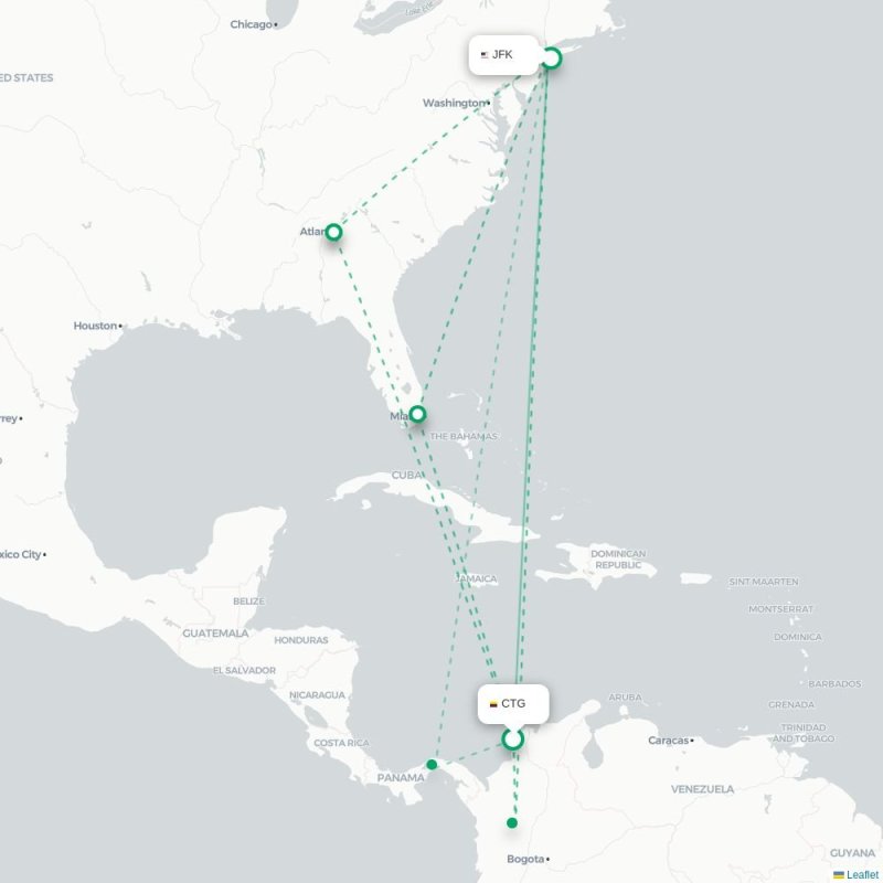 CTG - JFK route map