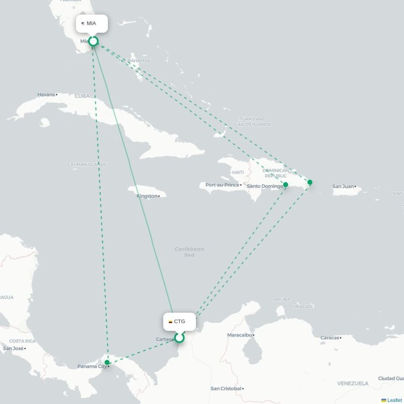 CTG - MIA route map