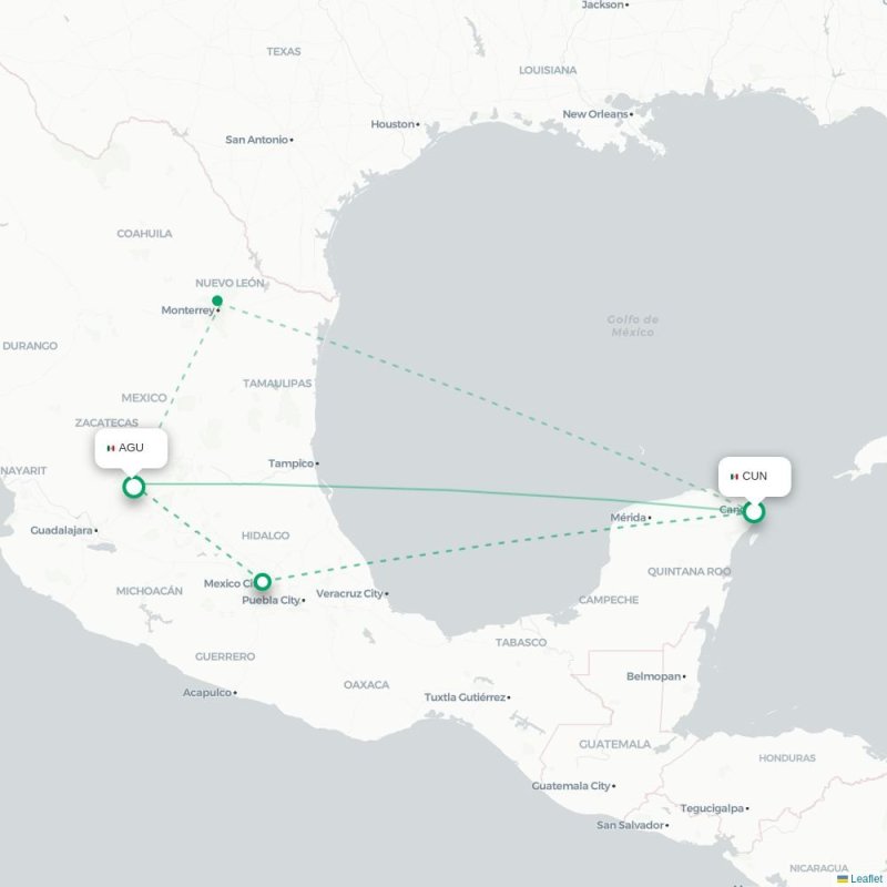 CUN - AGU route map