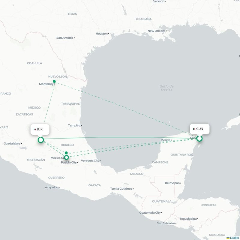 CUN - BJX route map