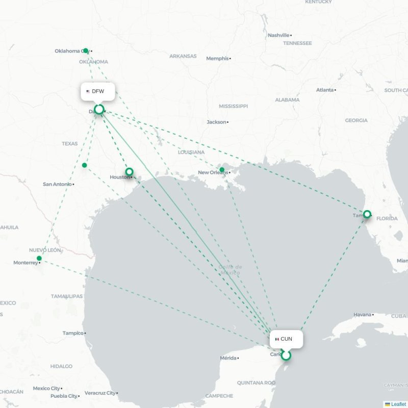 CUN - DFW route map
