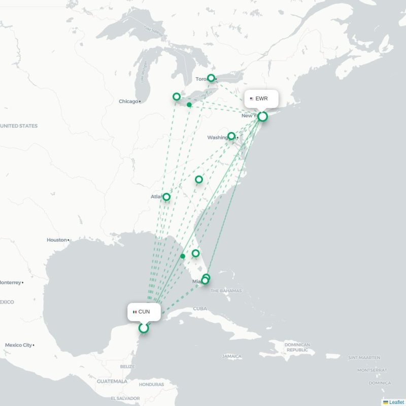 CUN - EWR route map