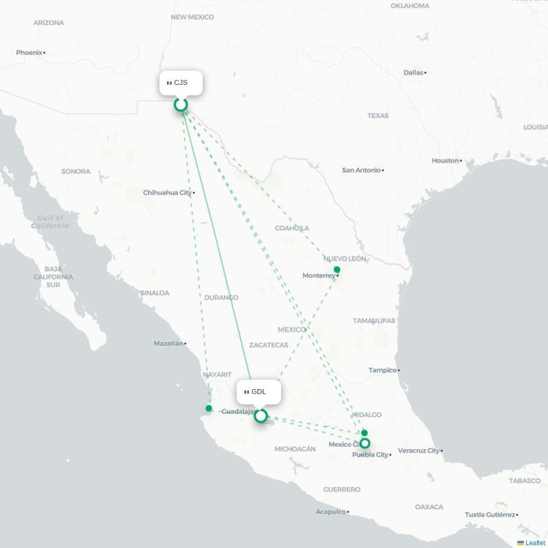 CUN - GDL route map