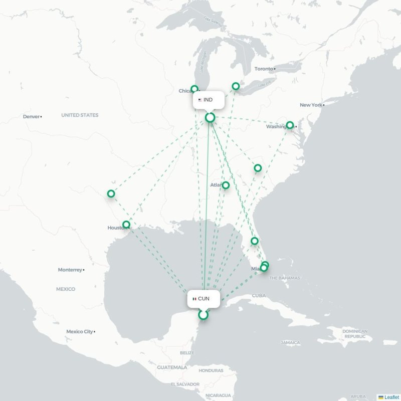 CUN - IND route map