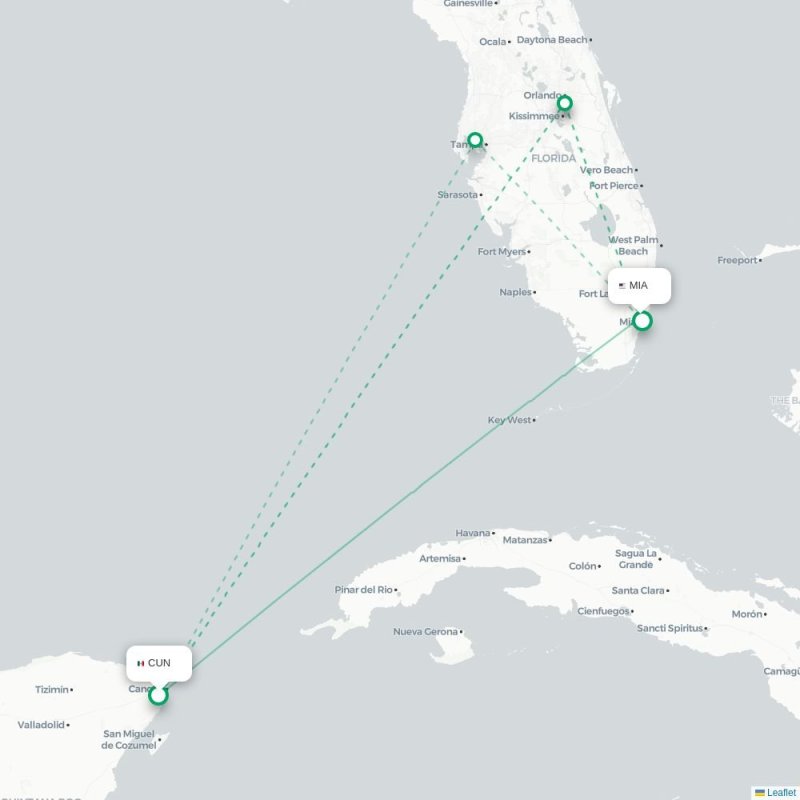CUN - MIA route map