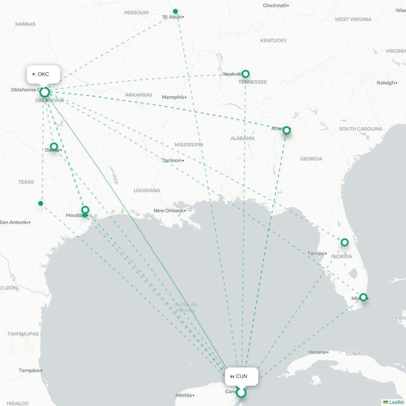 CUN - OKC route map