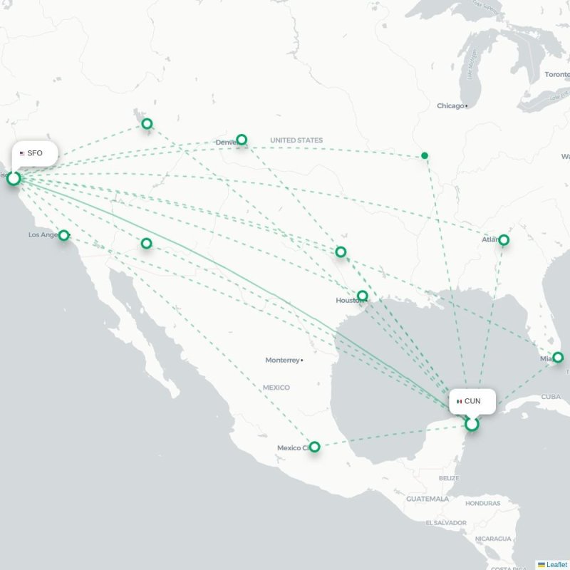 CUN - SFO route map
