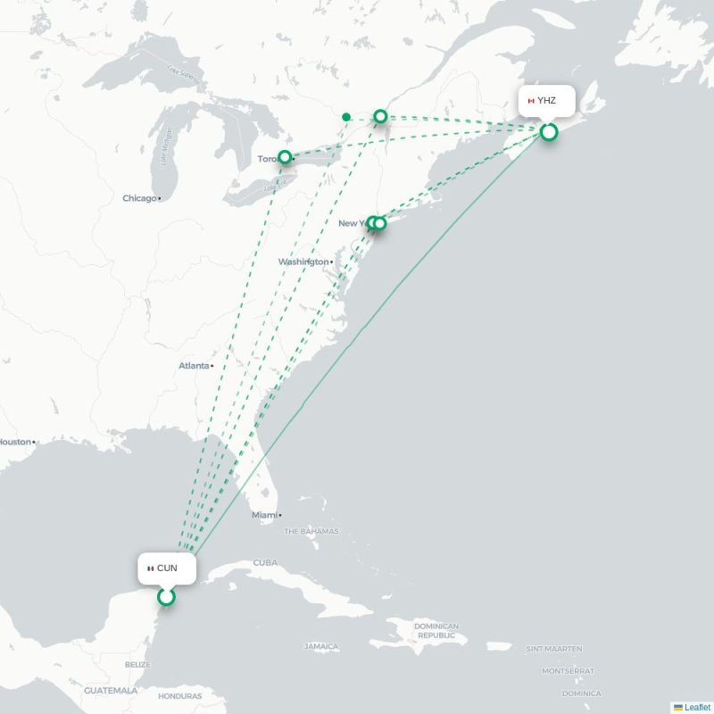CUN - YHZ route map