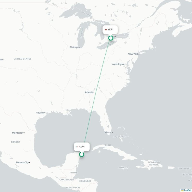 CUN - YKF route map