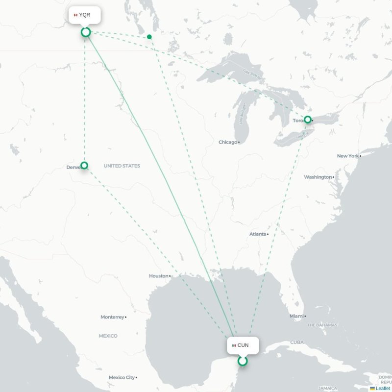 CUN - YQR route map