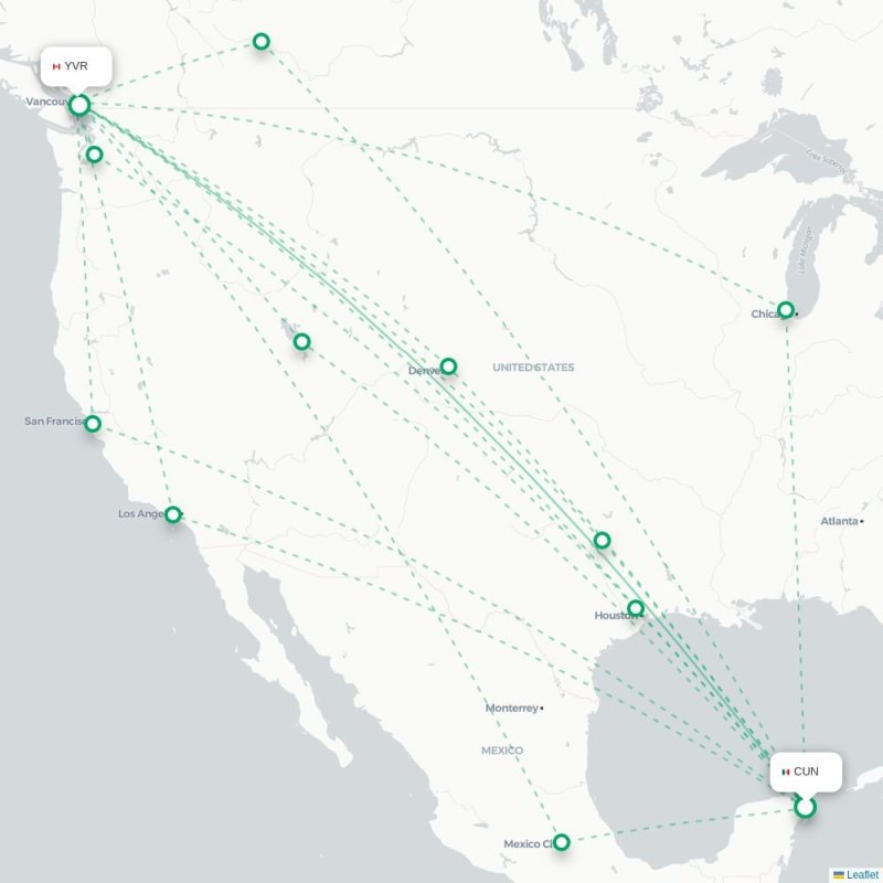 CUN - YVR route map