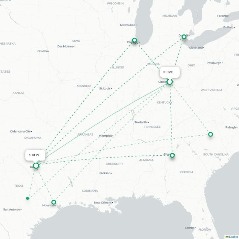 CVG - DFW route map
