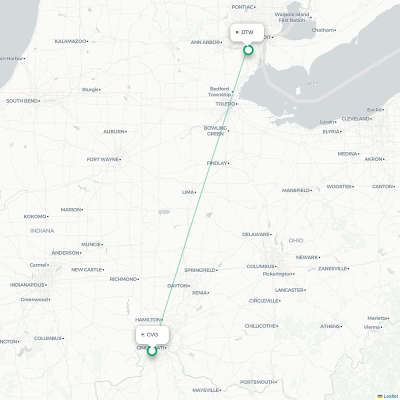 CVG - DTW route map