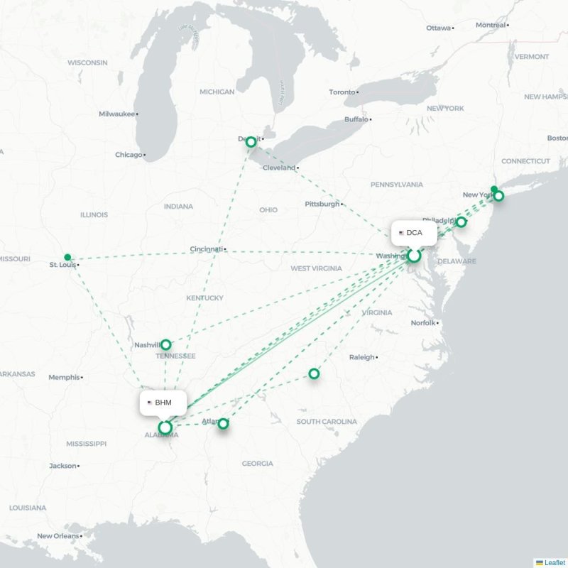 DCA - BHM route map