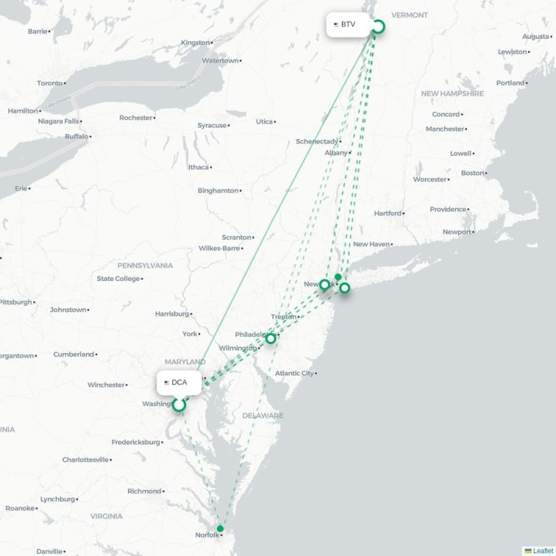 DCA - BTV route map