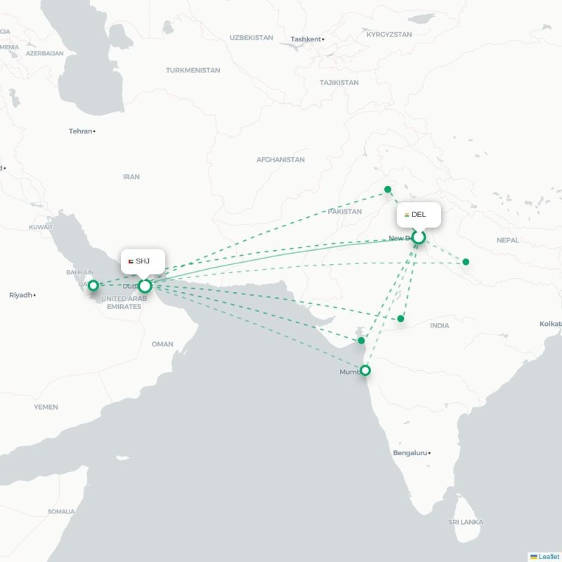 DEL - SHJ route map