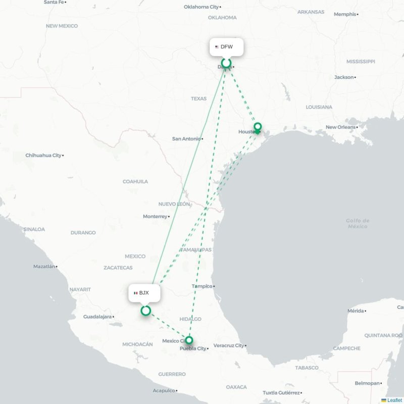 DFW - BJX route map