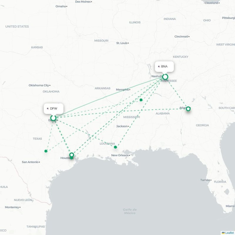 DFW - BNA route map