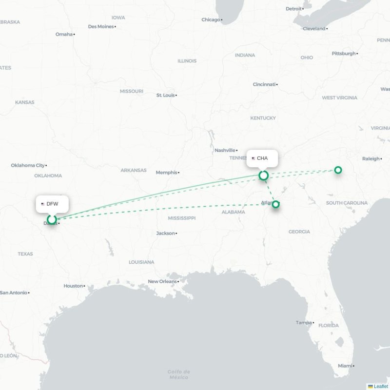 DFW - CHA route map