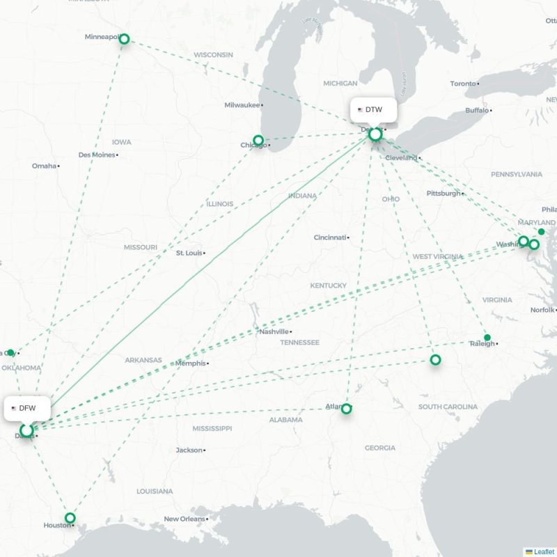 DFW - DTW route map